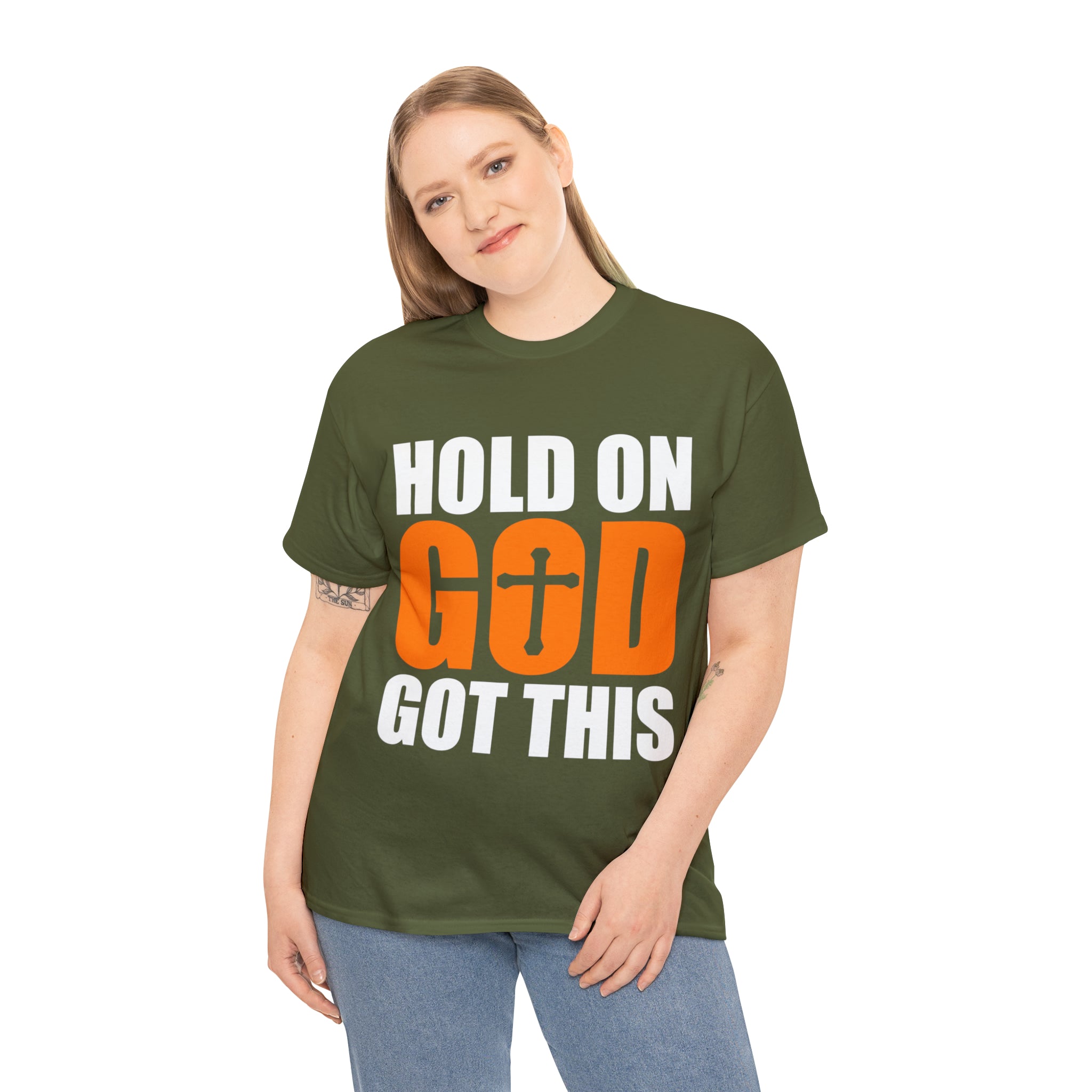 Hold On, God Got This (Printed Front) - Unisex Heavy Cotton Tee