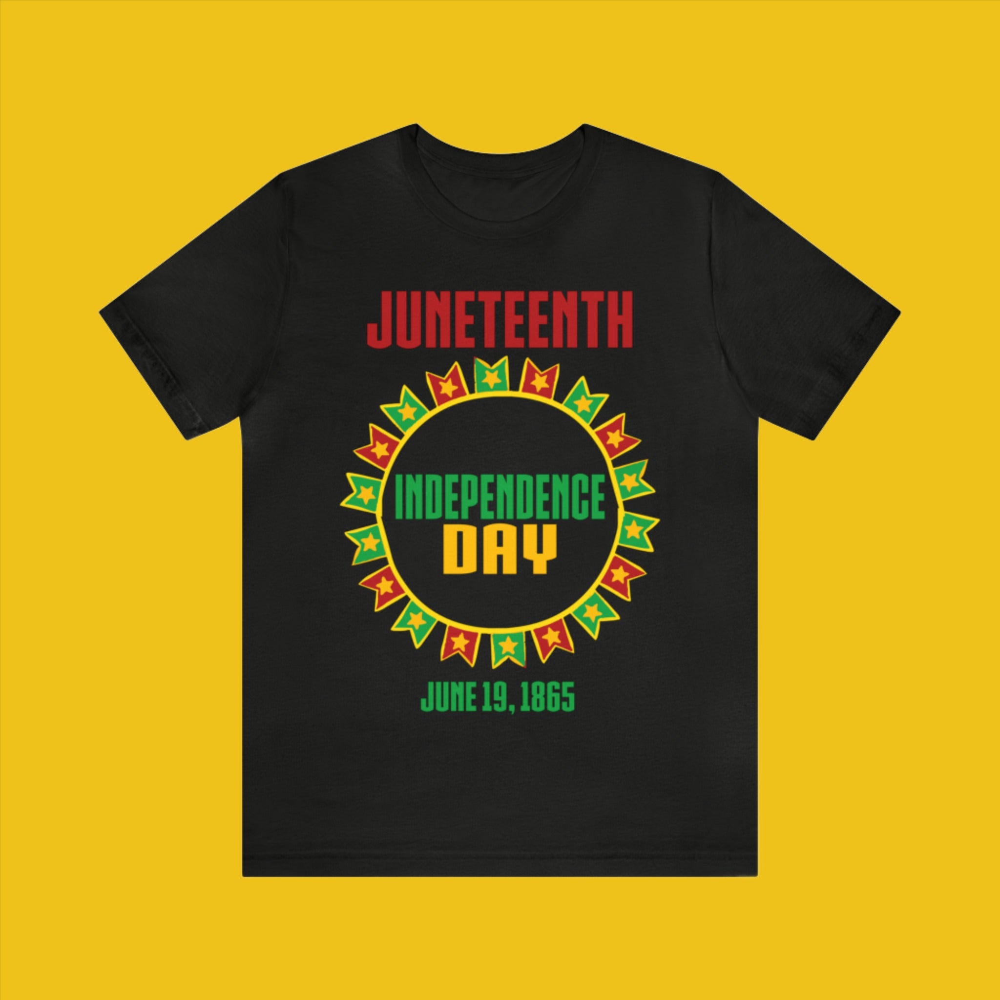 Juneteenth Independence Day June 1985 - Sun/Flags Image - (Printed Front) - Unisex Jersey Short Sleeve Tee