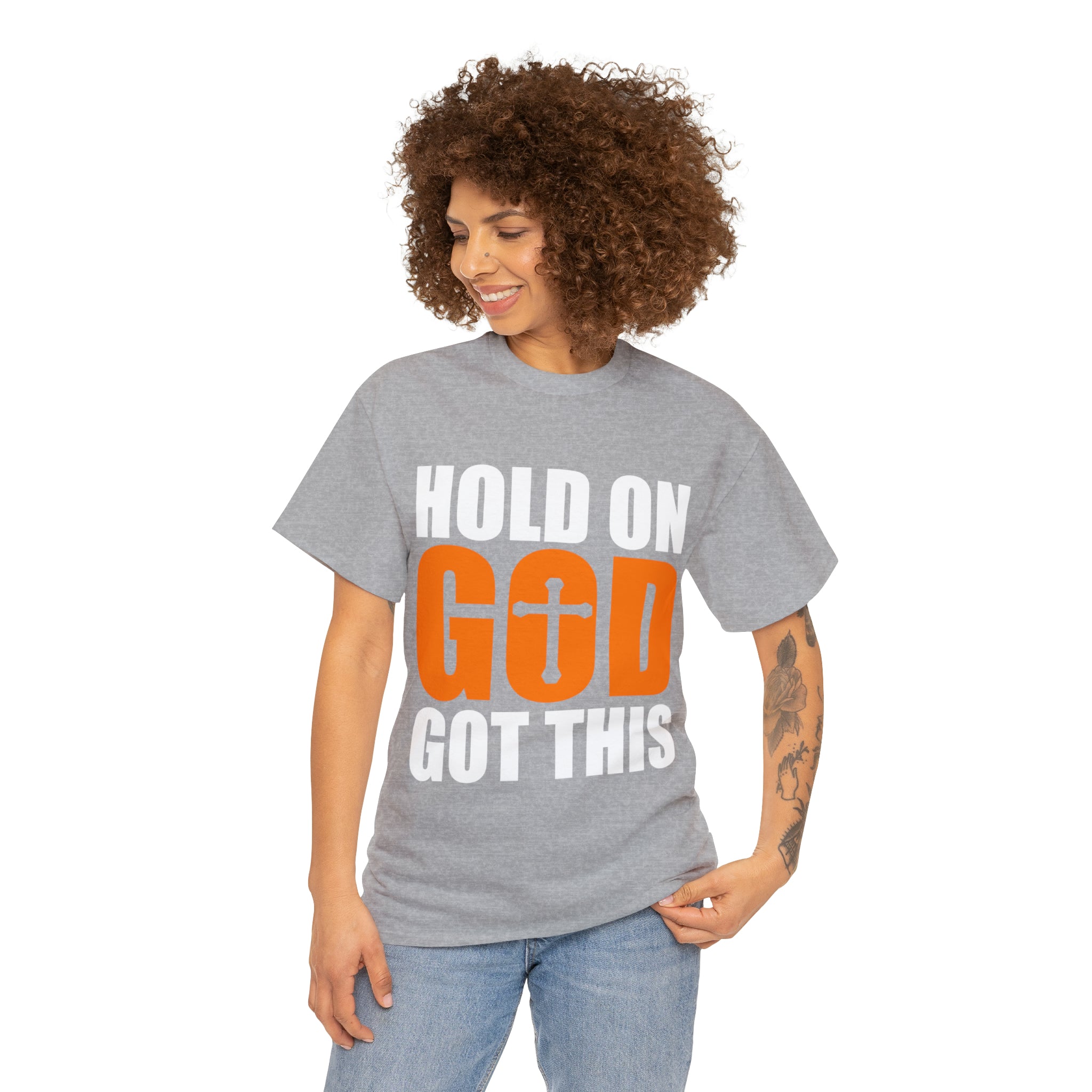 Hold On, God Got This (Printed Front) - Unisex Heavy Cotton Tee