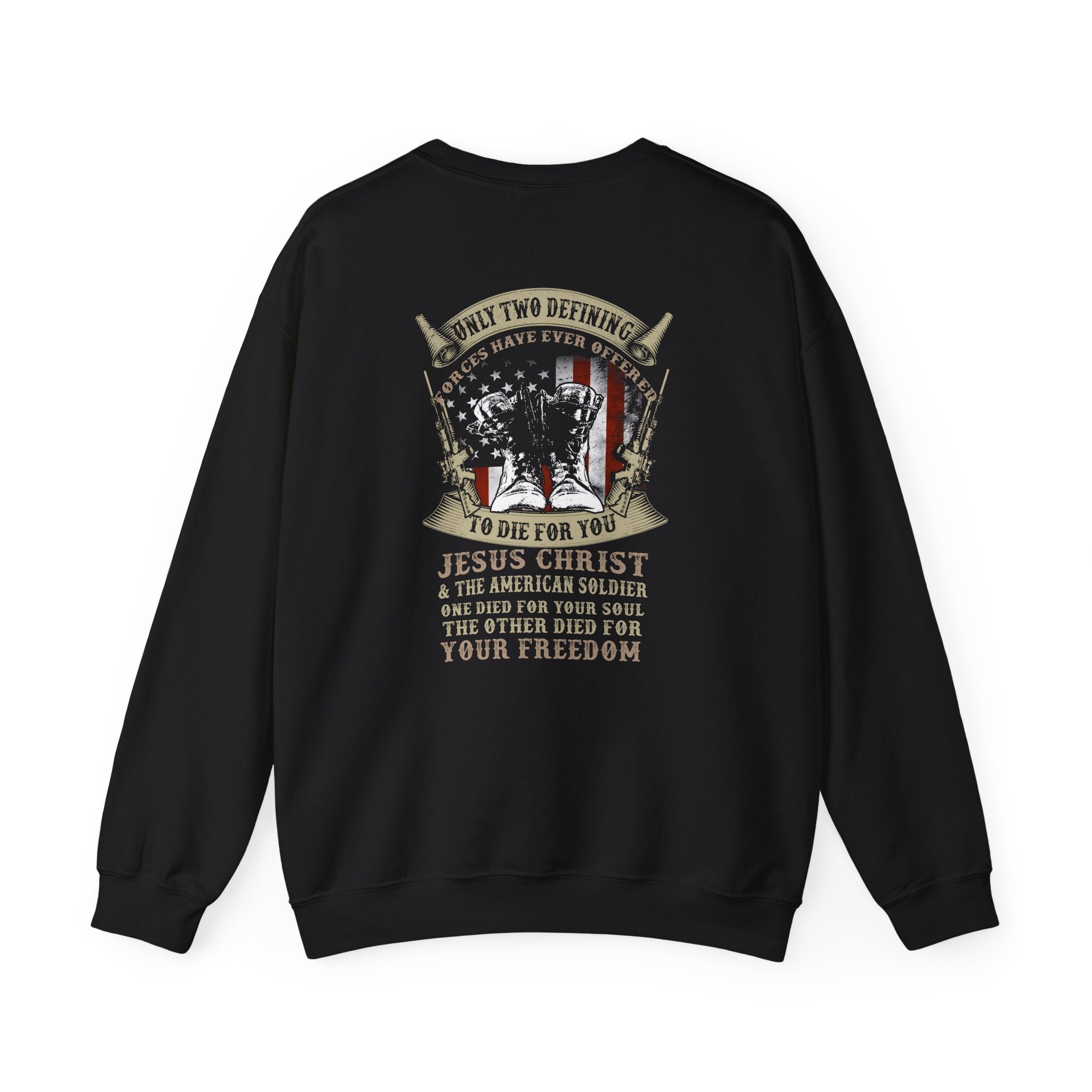 Jesus Christ & The American Soldier (Printed Back) - Unisex Heavy Blend™ Crewneck Sweatshirt