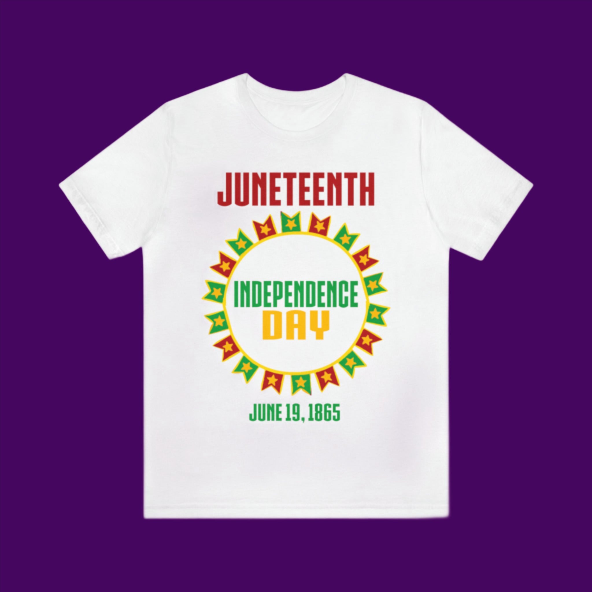 Juneteenth Independence Day June 1985 - Sun/Flags Image - (Printed Front) - Unisex Jersey Short Sleeve Tee