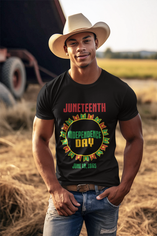 Juneteenth Independence Day June 1985 - Sun/Flags Image - (Printed Front) - Unisex Jersey Short Sleeve Tee