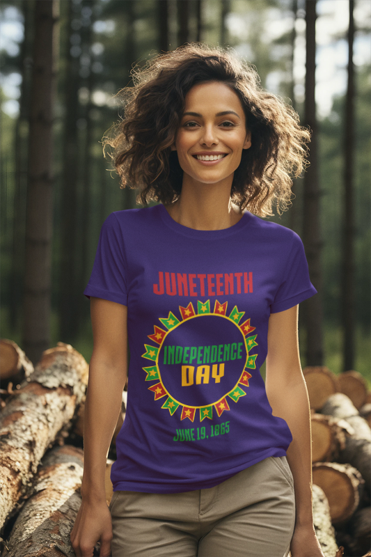 Juneteenth Independence Day June 1985 - Sun/Flags Image - (Printed Front) - Unisex Jersey Short Sleeve Tee