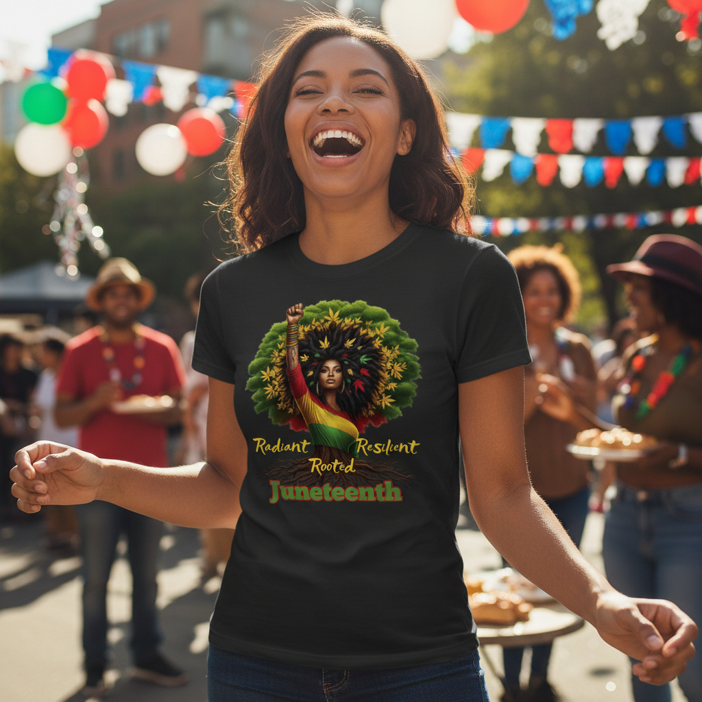 Female model - black shirt HD Juneteenth