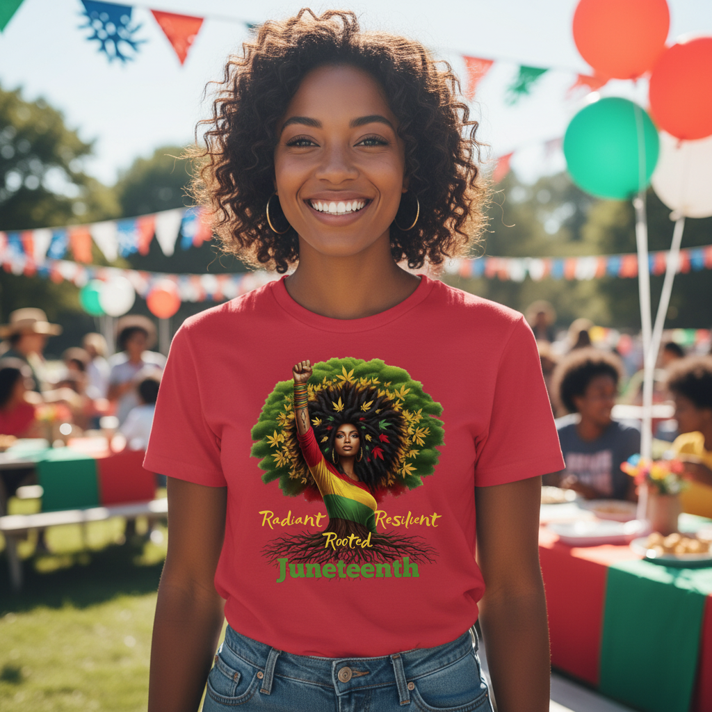 Female model - red shirt HD Juneteenth